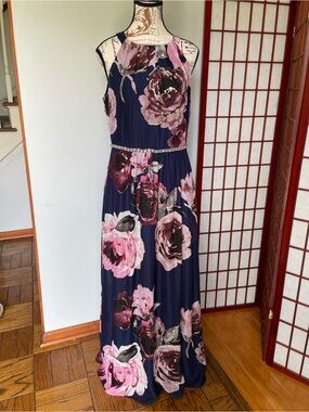 SLNY Navy Floral Halter Maxi Dress with Pink Blooms, Size 10